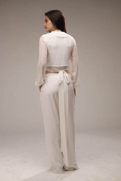 Chiffon Ruffled Neck Sheer Wrap Blouse - White