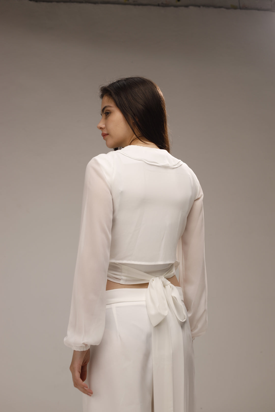 Chiffon Ruffled Neck Sheer Wrap Blouse - White