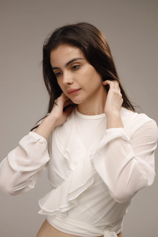 Chiffon Ruffled Neck Sheer Wrap Blouse - White