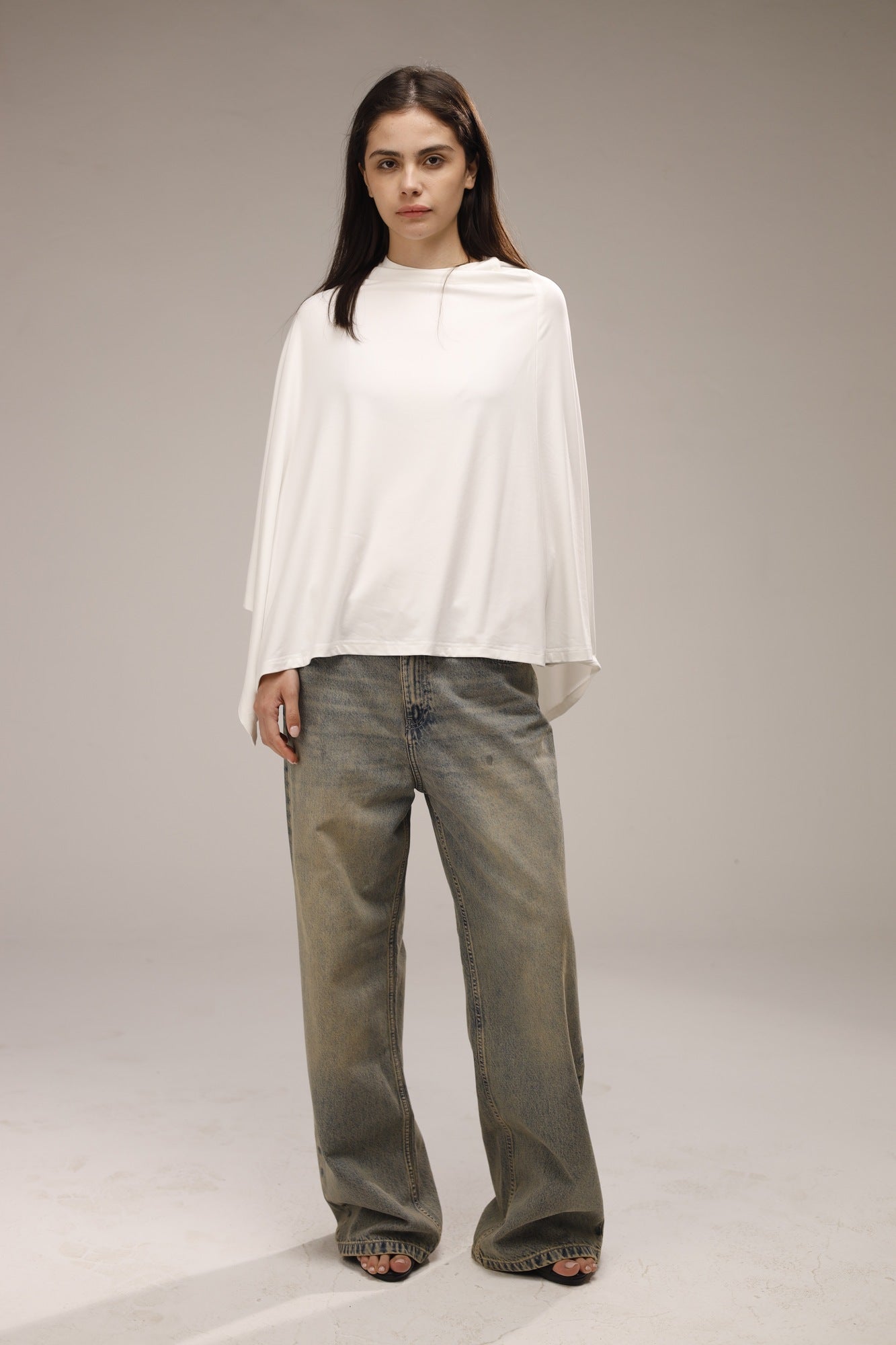 Cotton Asymmetric Poncho Top - White