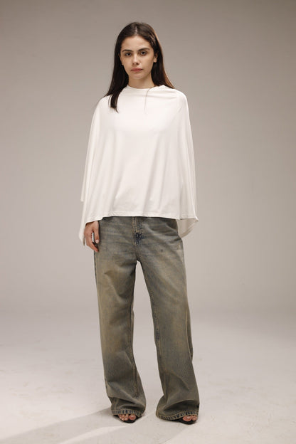 Cotton Asymmetric Poncho Top - White