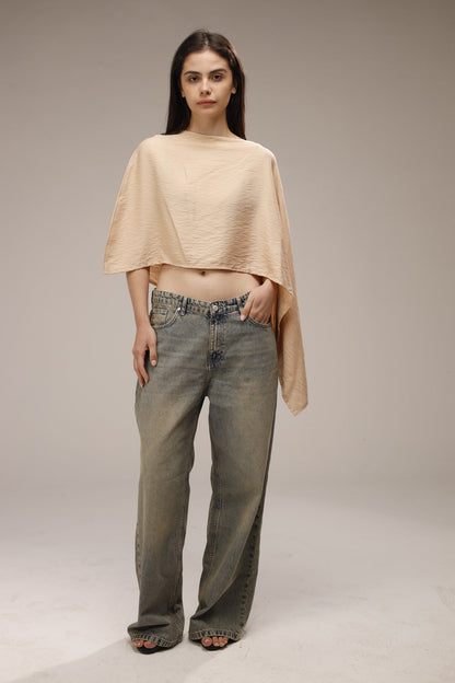 Linen Asymmetric Cropped Poncho - Beige