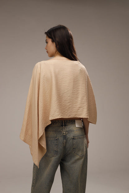 Linen Asymmetric Cropped Poncho - Beige