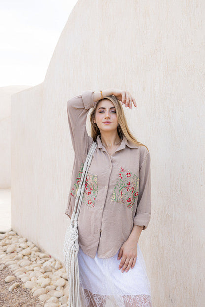 CY Embroidered Pocket Shirt - Beige
