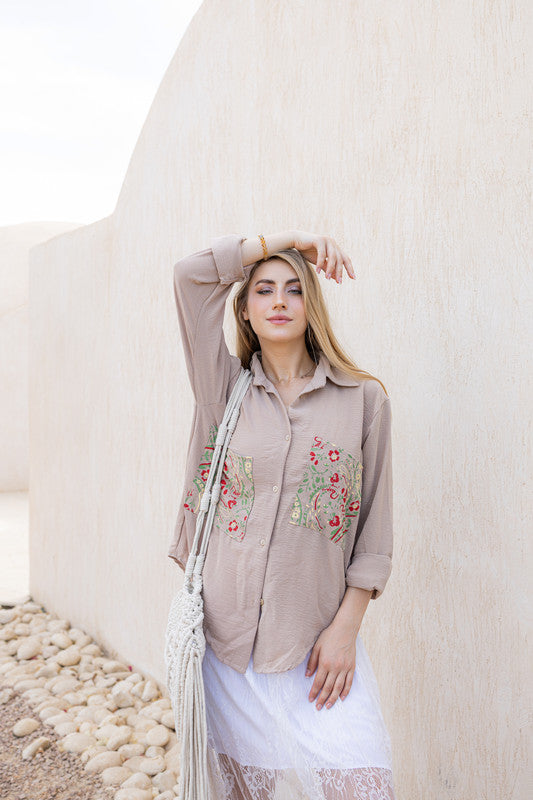 CY Embroidered Pocket Shirt - Beige