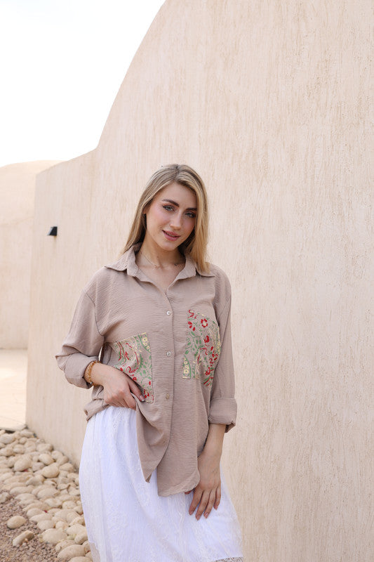 CY Embroidered Pocket Shirt - Beige