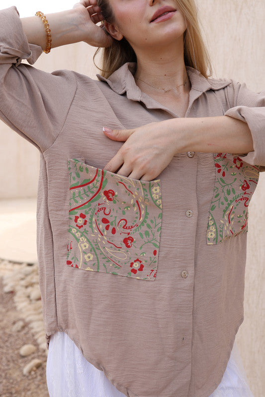 CY Embroidered Pocket Shirt - Beige