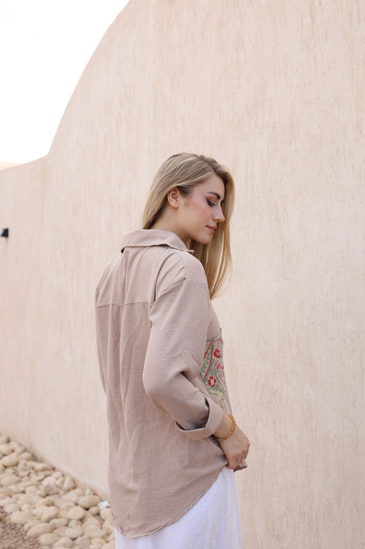 CY Embroidered Pocket Shirt - Beige