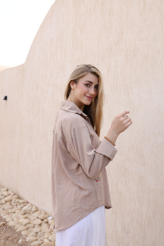 CY Embroidered Pocket Shirt - Beige