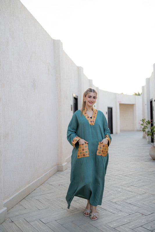 Linen Printed Patch Dress – Dark Mint