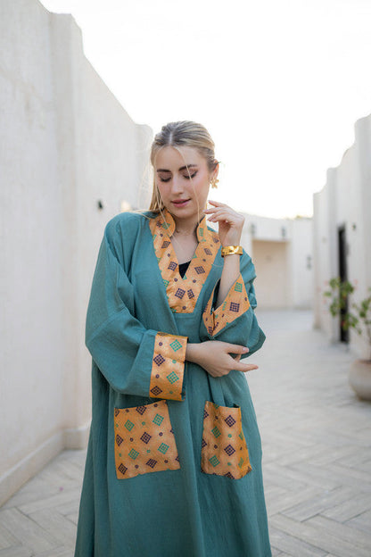 Linen Printed Patch Dress – Dark Mint