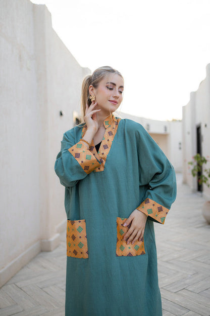 Linen Printed Patch Dress – Dark Mint