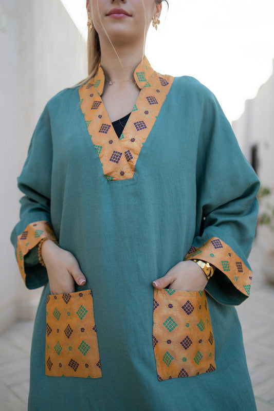 Linen Printed Patch Dress – Dark Mint