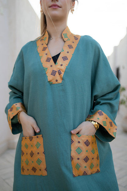 Linen Printed Patch Dress – Dark Mint