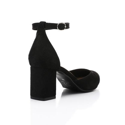 Faux Suede Pointed-Toe Ankle Strap Heels - Black