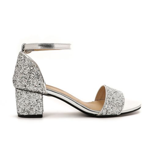 Faux Leather Ankle Strap Block Heel Sandals – Silver