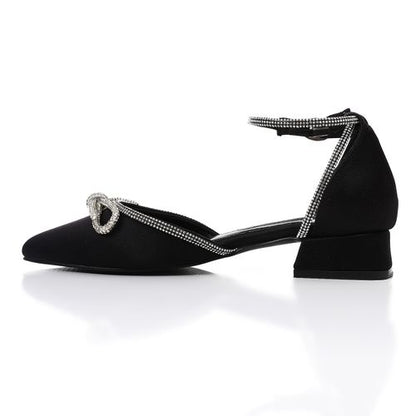 Satin Pointed Bow Low-Heel Pump - Black