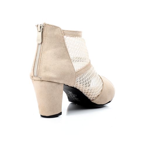 Faux Suede Mesh Peep-Toe Block Heel Sandals – Beige