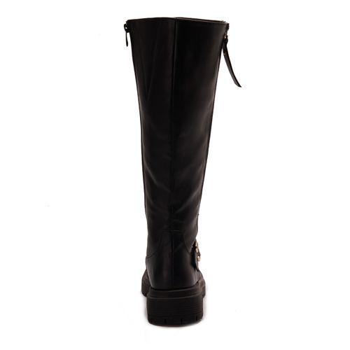 Leather Plain Knee-High Boots - Black