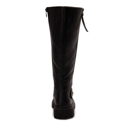 Leather Plain Knee-High Boots - Black