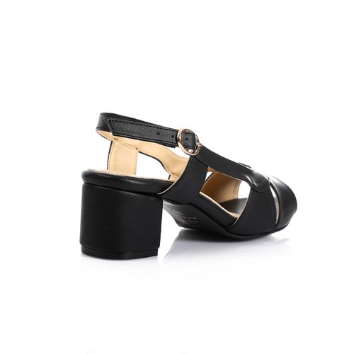 Faux Leather Criss-Cross Block Heel Sandals - Black