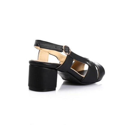 Faux Leather Criss-Cross Block Heel Sandals - Black