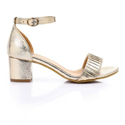 Faux Leather Textured Block Heel Sandals - Gold