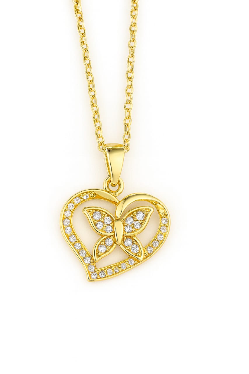 Stainless Steel Heart and Butterfly Crystal Pendant Necklace – Gold
