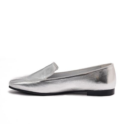 Faux Leather Metallic Slip-On Loafers – Silver