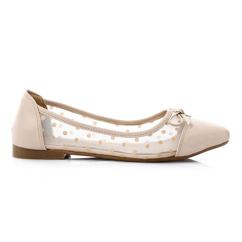 Faux Leather Mesh Polka Dot Ballet Flats – Beige