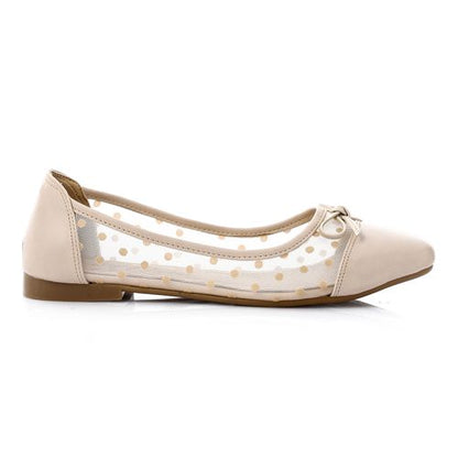 Faux Leather Mesh Polka Dot Ballet Flats – Beige