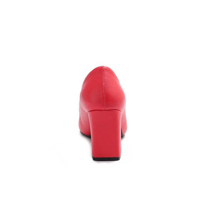 Faux Leather Block Heel Pumps - Red