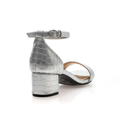 Faux Leather Ankle Strap Block Heel Sandals – Silver