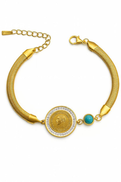 Stainless Steel Engraved Medallion Crystal & Turquoise Bracelet – Gold
