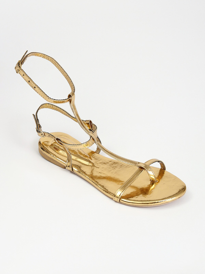 Leather Double Buckle Flat Sandals - Gold