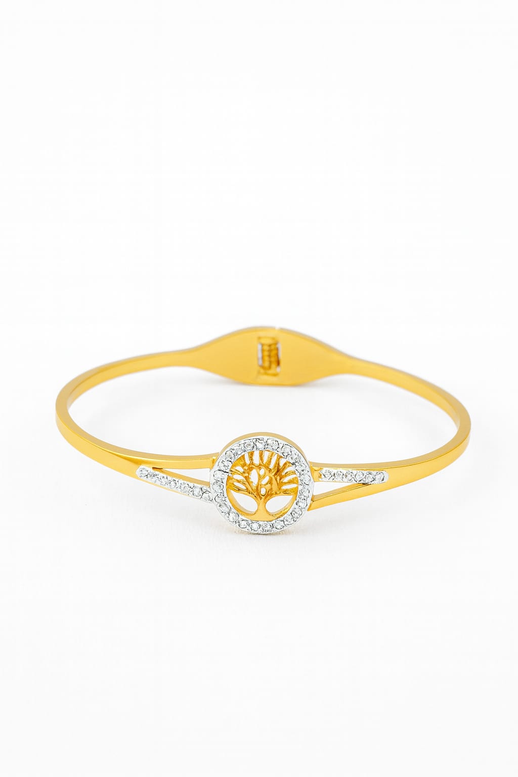 Stainless Steel Crystal-Encrusted Tree of Life Bracelet – Gold