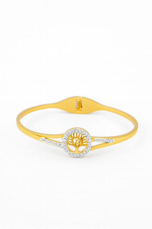 Stainless Steel Crystal-Encrusted Tree of Life Bracelet – Gold