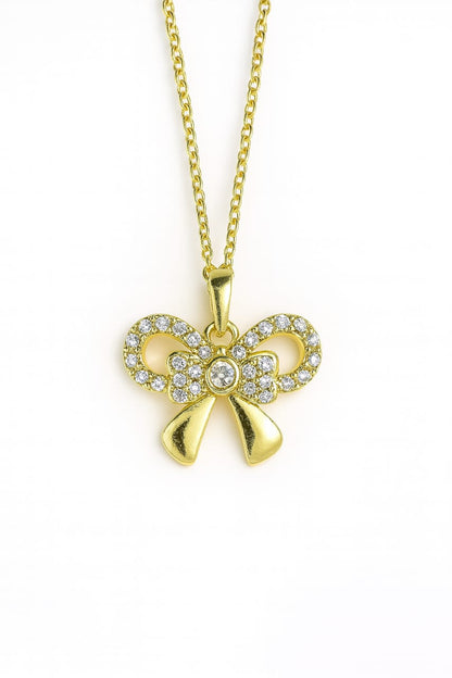 Stainless Steel Crystal Bow Pendant Necklace – Gold