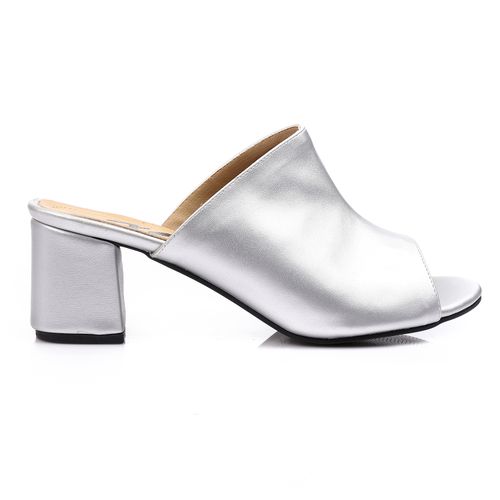 Faux Leather Peep-Toe Block Heel Mules - Silver