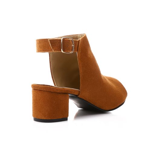 Faux Suede Peep Toe Block Heel Sandal - Tan