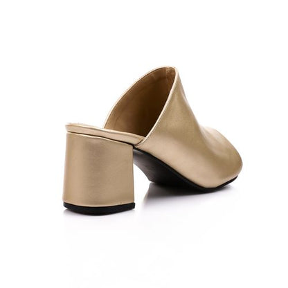 Faux Leather Peep-Toe Block Heel Mules - Gold