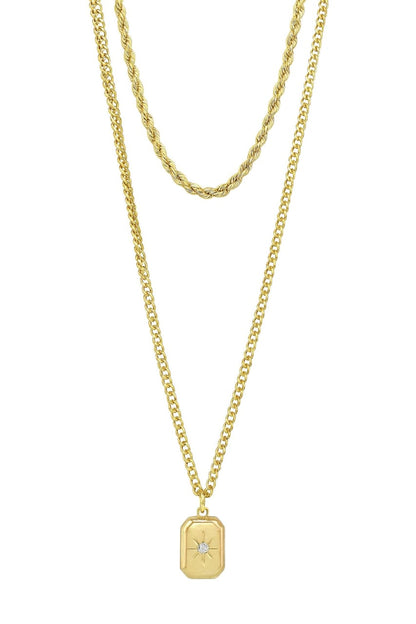 Stainless Steel Double Chain Rectangle Pendant Necklace – Gold