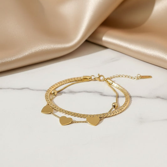 Stainless Steel Double Layer Bracelet with Small Hearts – Gold