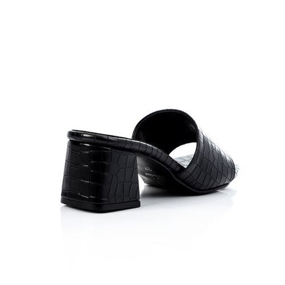 Faux Leather Croc-Embossed Block Heel Slippers - Black