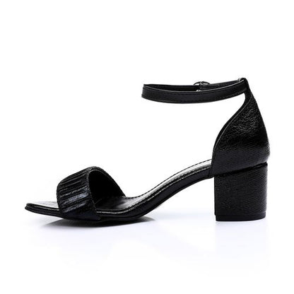 Faux Leather Textured Block Heel Sandals - Black