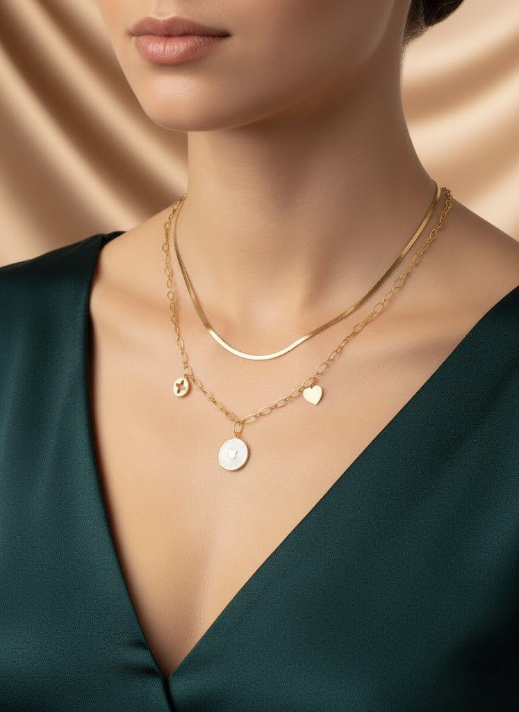 Stainless Steel Layered Snake & Charm Pendant Necklace – Gold