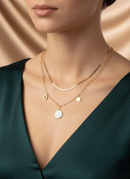 Stainless Steel Layered Snake & Charm Pendant Necklace – Gold