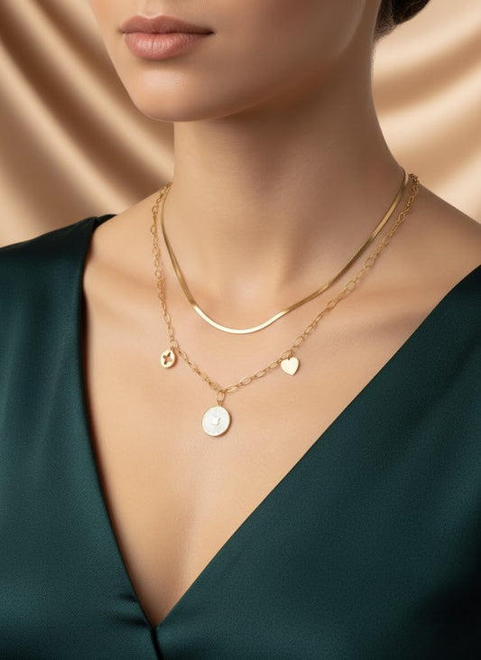 Stainless Steel Layered Snake & Charm Pendant Necklace – Gold