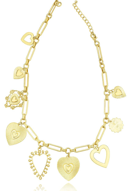 Zinc Alloy Hearts & Links Charm Necklace – Gold