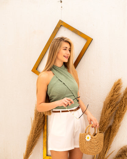 Linen Crossed-Neck Top - Military Green